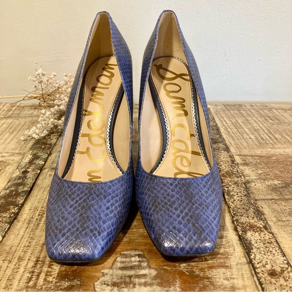 Sam Edelman Navy Blue Snakeprint-Embossed Square Toe Heels 11 Beth Marlin Blue - Picture 5 of 14